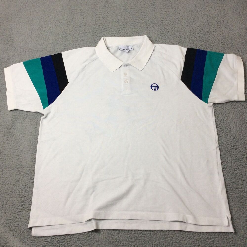 Rare Sergio Tacchini White W/Blue And Green Stripe Polo Shirt  Size 2XL